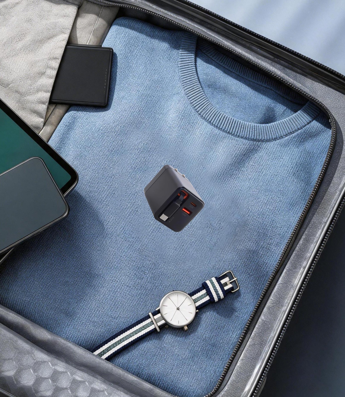 Compact 65W GaN Wall Charger packed neatly inside a travel suitcase with clothing